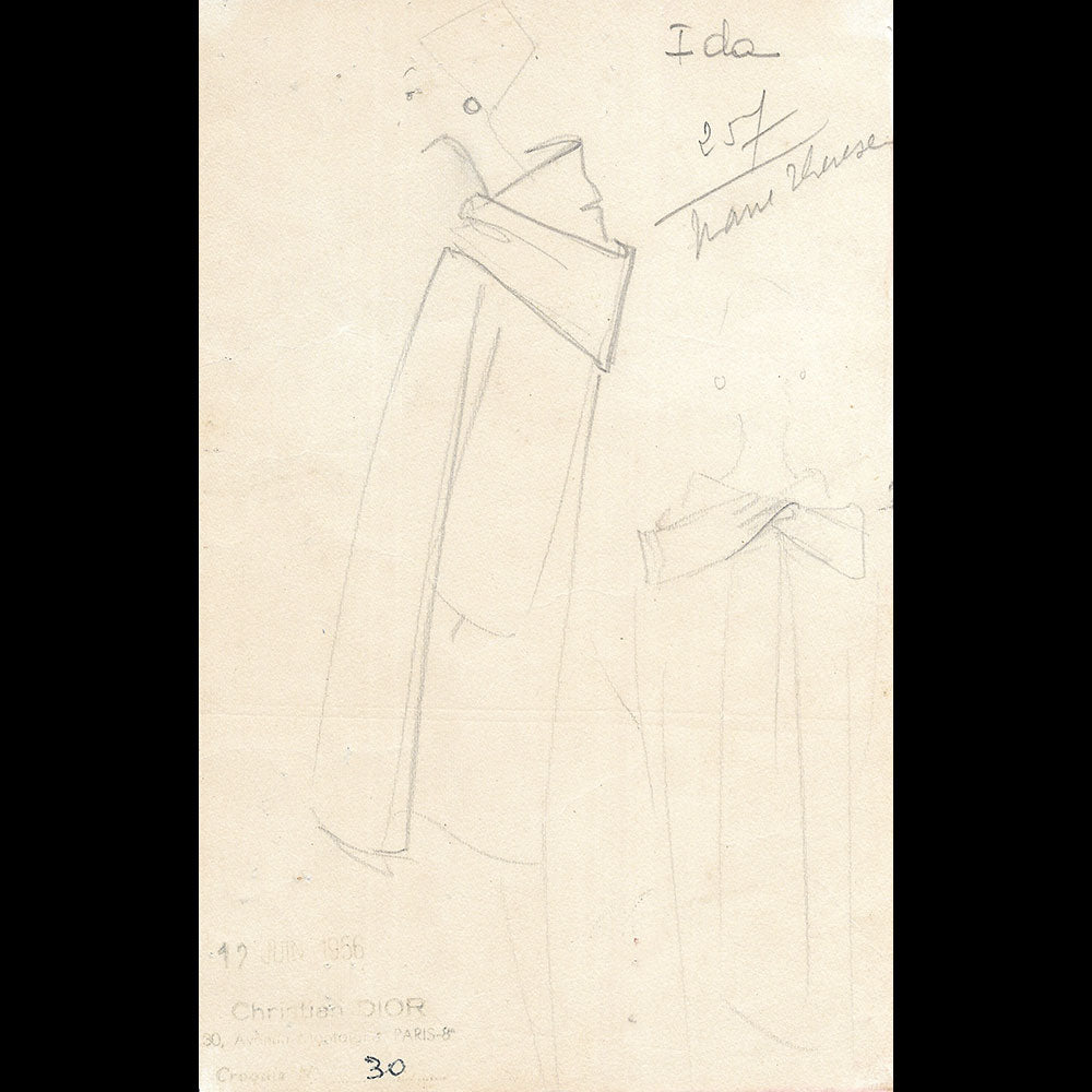 Christian Dior - Dessin d'un manteau par Yves Saint Laurent (1956)