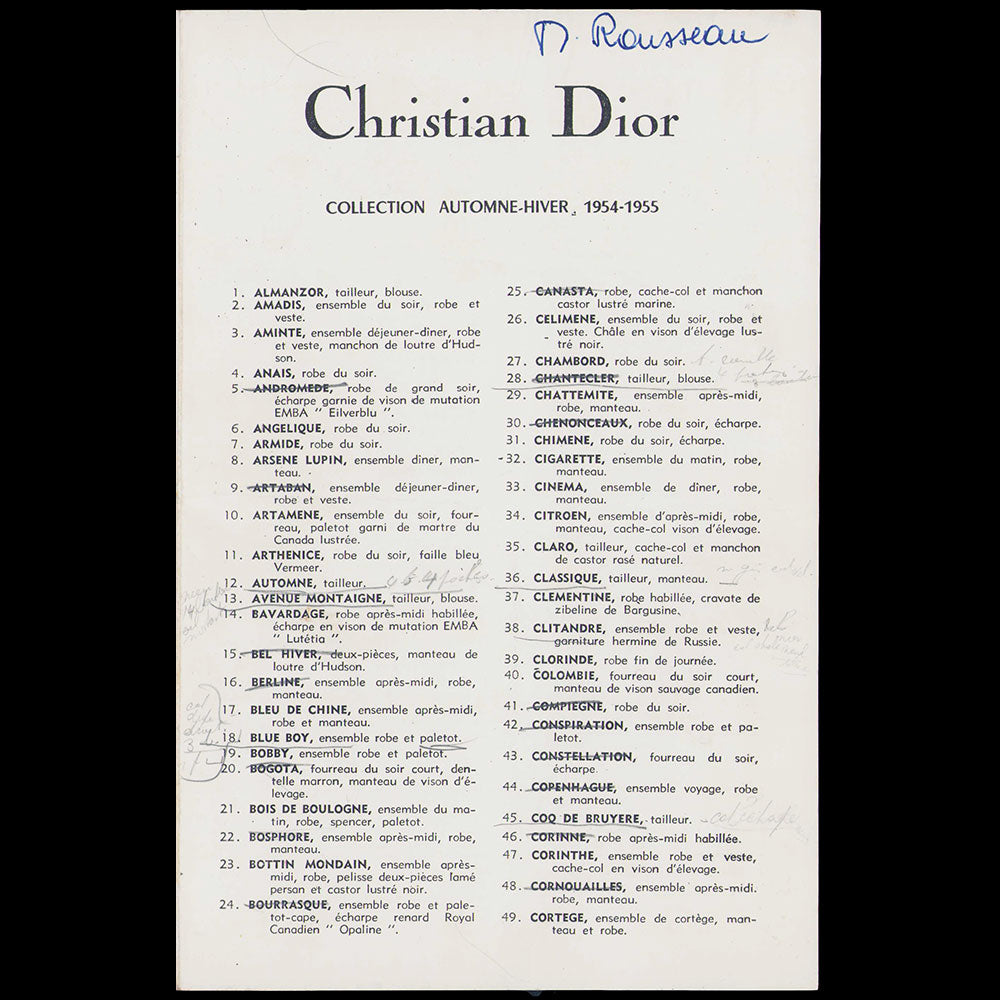 Christian Dior, ensemble de 11 programmes de défilé 1952-1958