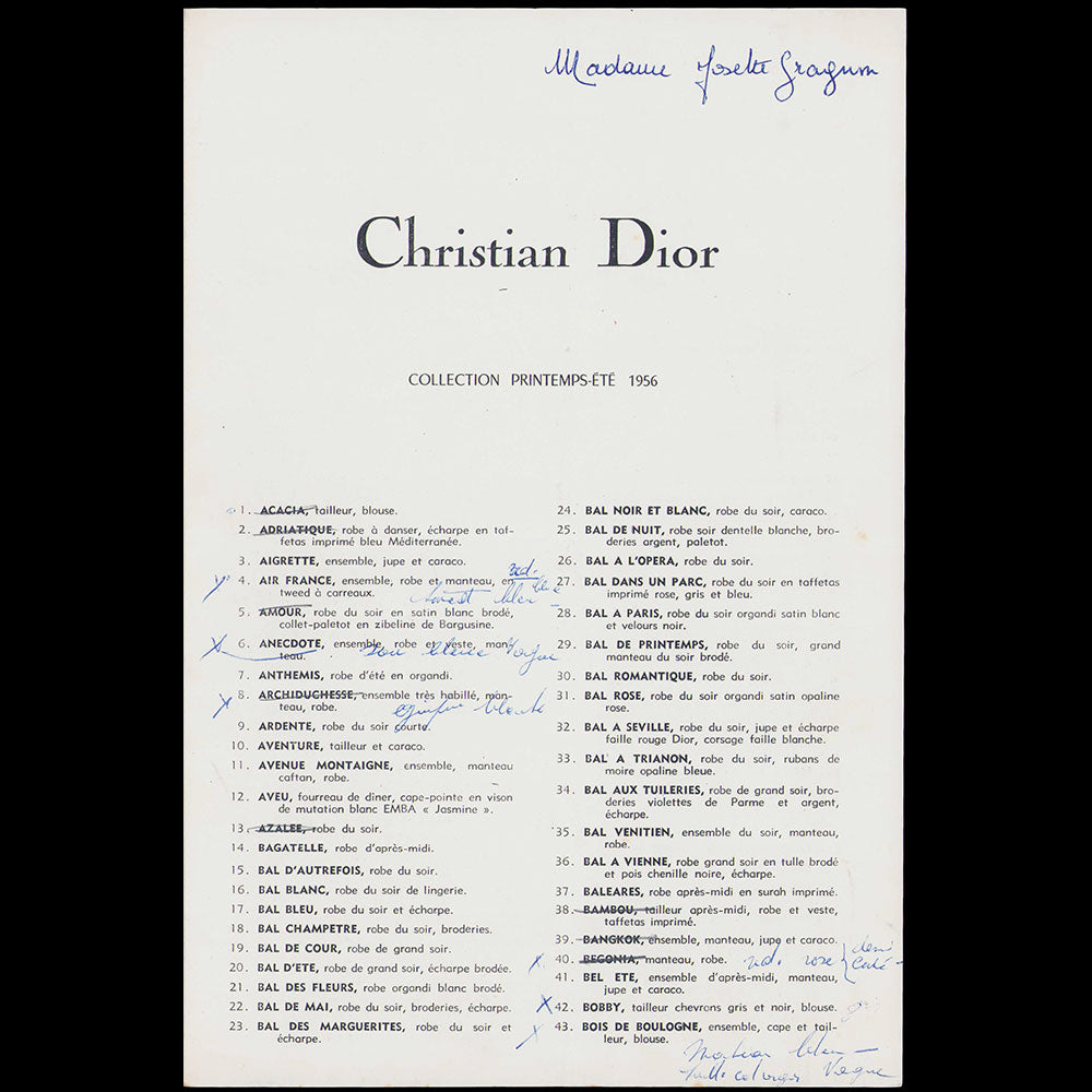 Christian Dior, ensemble de 11 programmes de défilé 1952-1958