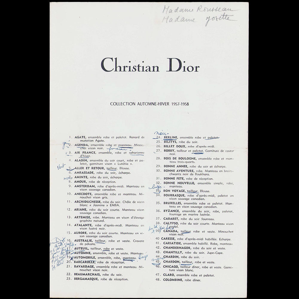 Christian Dior, ensemble de 11 programmes de défilé 1952-1958