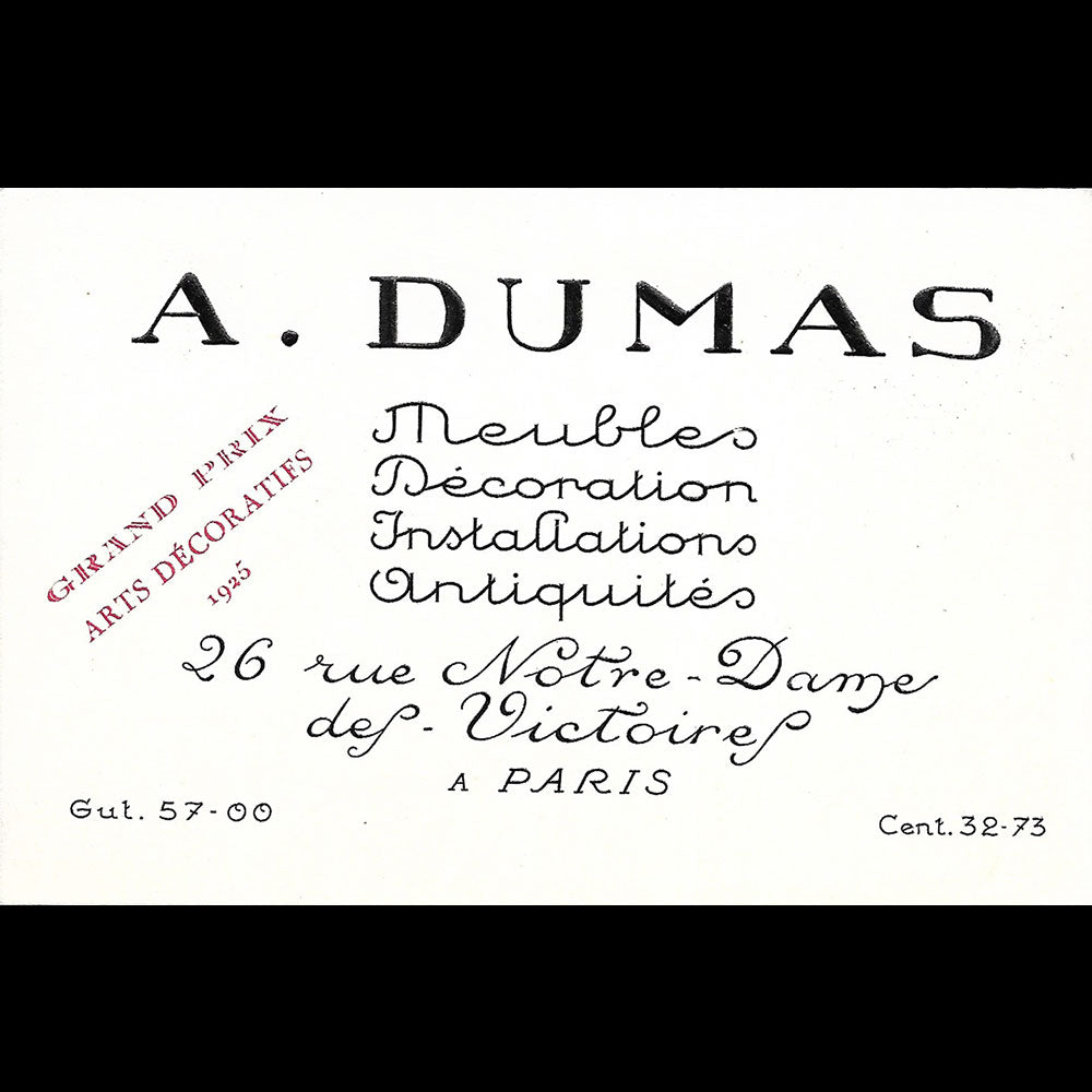 A. Dumas - Carte de la maison de décoration, 26 rue Notre-Dame des Victoires à Paris (1926)