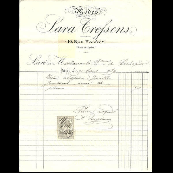 Facture de la maison de modes Sara Trefsens, 10 rue Halevy à Paris (1889)