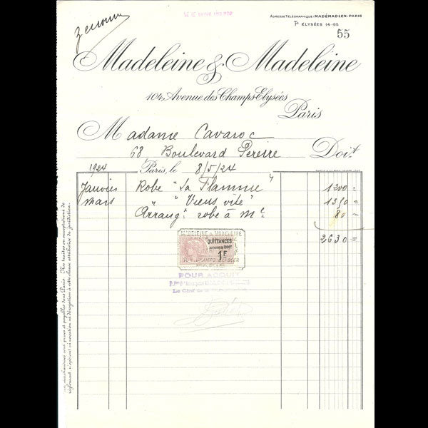 Facture de la maison de couture Madeleine & Madeleine, 104 avenue des Champs-Elysées à Paris (1924)