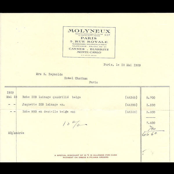 Facture de Molyneux (1929)