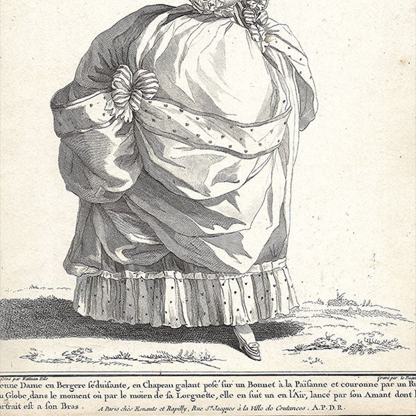 Gallerie des Modes et Costumes Français, 1778-1787, gravure n° vv 258, Jeune Dame en Bergère séduisante par Watteau (1784)