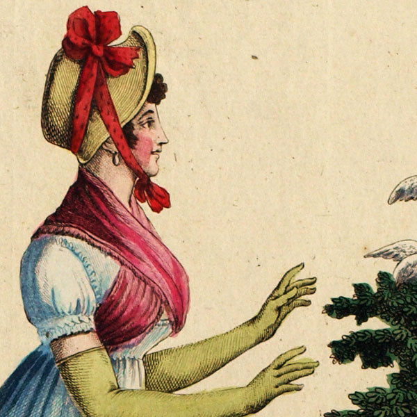 Basset - Costume Français, Chapeau de paille jaune, Fichu de soie rose croisé (circa 1795)