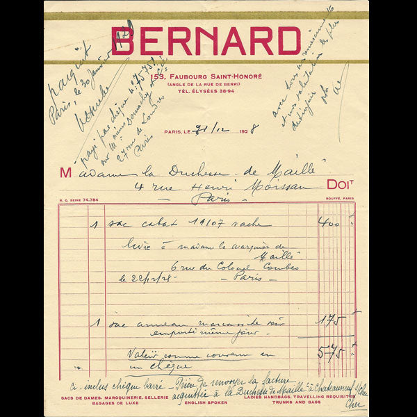 Facture de la maison Bernard, 153 faubourg Saint-Honoré à Paris (1928)