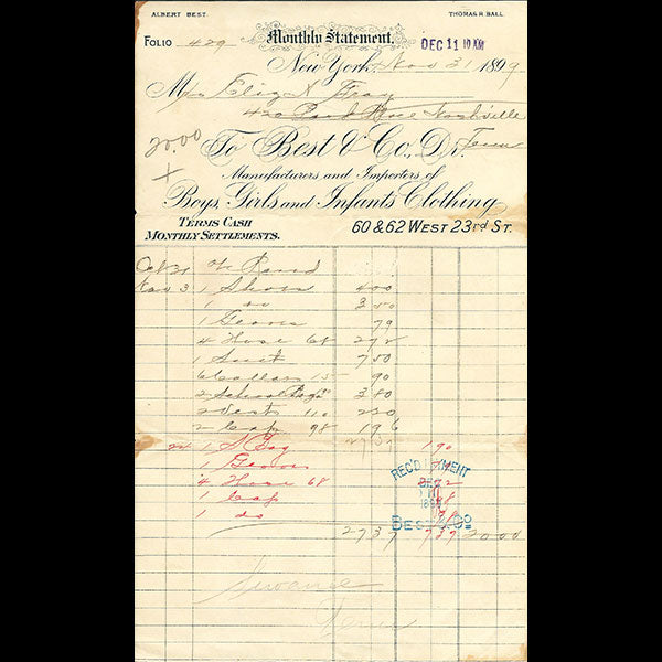 Facture de Best & Co, 60-62 W 23rd St à New York (1899)