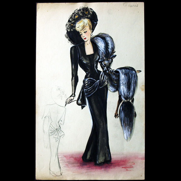 Dessin de la maison Lucien Lelong, modèle Paris par Christian Dior (1945)