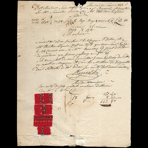 Serre et cie - Correspondance avec échantillons adressée au négociant en tissus par Boyaval (1823)