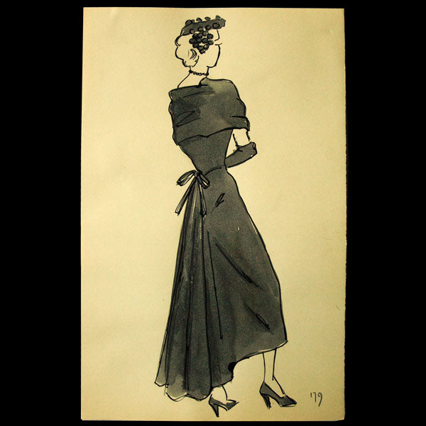 Balenciaga - robe de lainage noir, ensemble de 2 dessins d'un modèle de la maison Balenciaga pour l'hiver 1948-1949