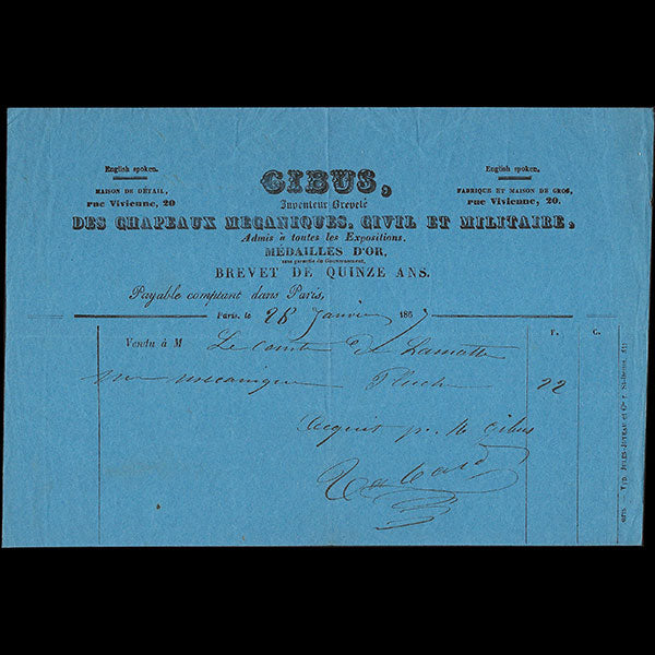 Gibus - Facture de la maison de chapeaux mécaniques, civils et militaires, 20 rue Vivienne à Paris (1863)