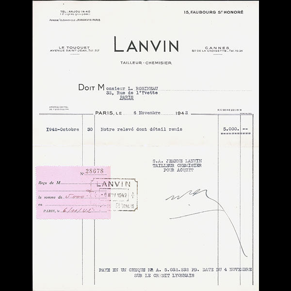 Facture de la maison Lanvin Tailleur Chemisier, 15 Faubourg Saint-Honoré à Paris (1942)