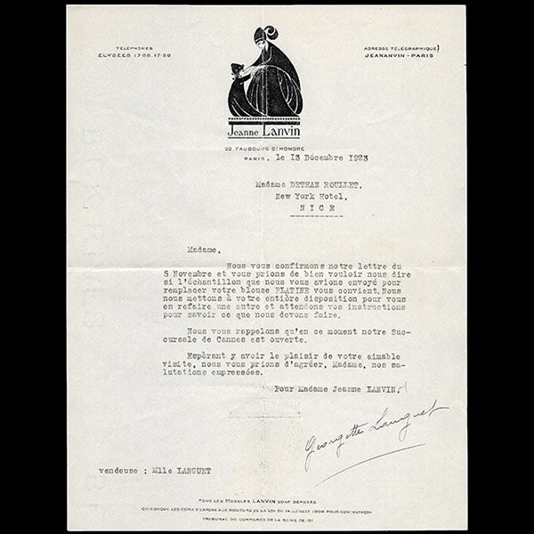 Jeanne Lanvin - Correspondance de la maison de couture 22 faubourg Saint-Honoré (1923)