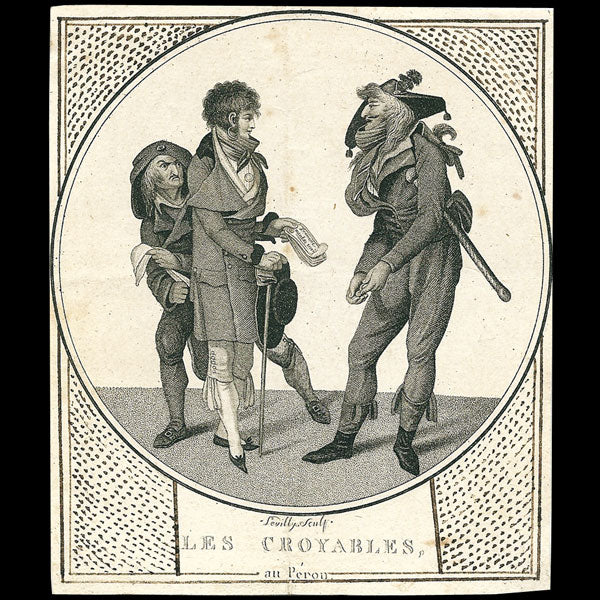 Incroyables et Merveilleuses - Les Croyables au Péron, gravure de mode de Levilly d'après une composition de Salvatore Tresca (1797)