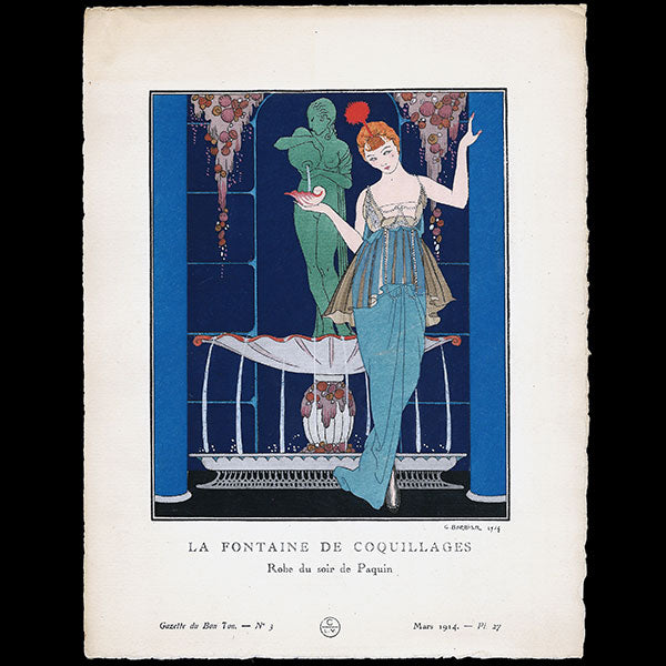 Gazette du Bon Ton - La Fontaine de coquillages, robes du soir de Paquin, planche de George Barbier (n°3, 1914)