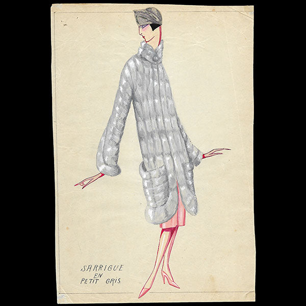 Jeanne Lanvin - Dessin de l'ensemble Sarrigue en petit gris (1925)