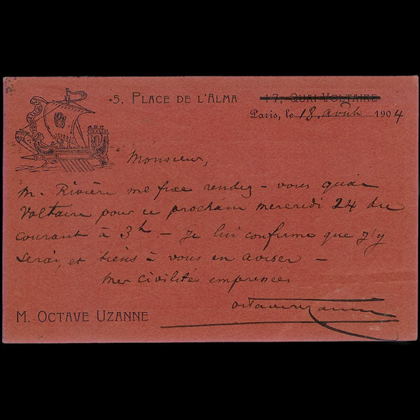 Uzanne - Carte de correspondance autographe signée du 18 août 1904