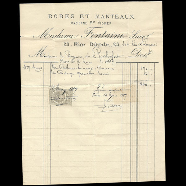 Facture de la maison Madame Fontaine, 23 rue Royale à Paris (1889)