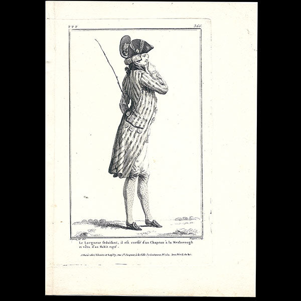 Gallerie des Modes et Costumes Français, 1778-1787, gravure n° ppp 366, le Lorgneur séduisant par Watteau (1787)