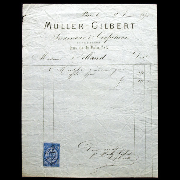Facture de Muller Gilbert, trousseaux et confections en tous genres, 7 et 9 rue de la Paix à Paris (1874)