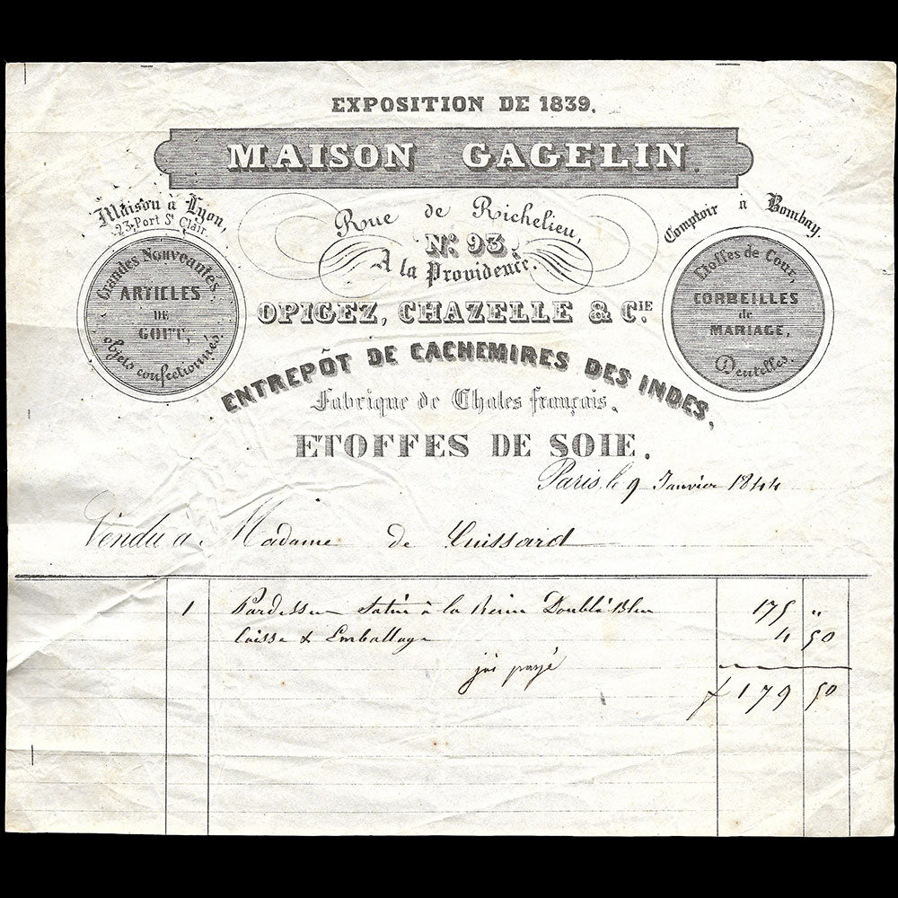 Gagelin, Opigez, Chazelle et Cie - Facture de la maison A la Providence, 93 rue de Richelieu, Paris (1844)