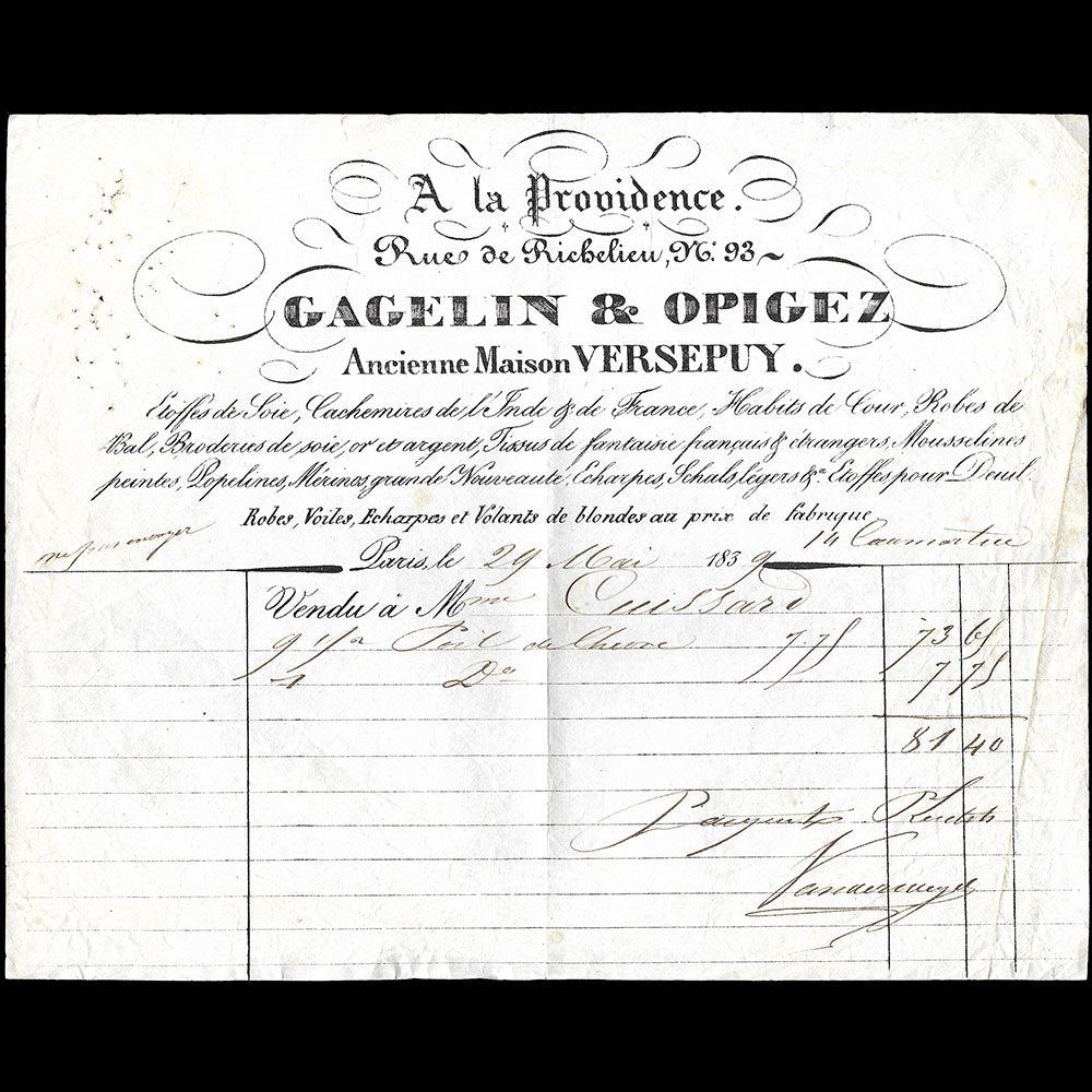 Gagelin & Opigez - Facture de la maison A la Providence, ancienne maison Versepuy, rue de Richelieu, Paris (1839)