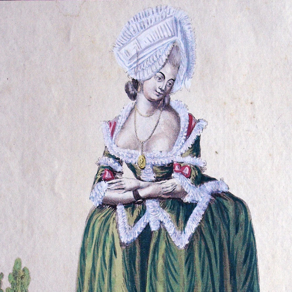 Gallerie des Modes et Costumes Français, gravure n° qq 234, Déshabillé à l'Anglaise de taffetas garni (1782)