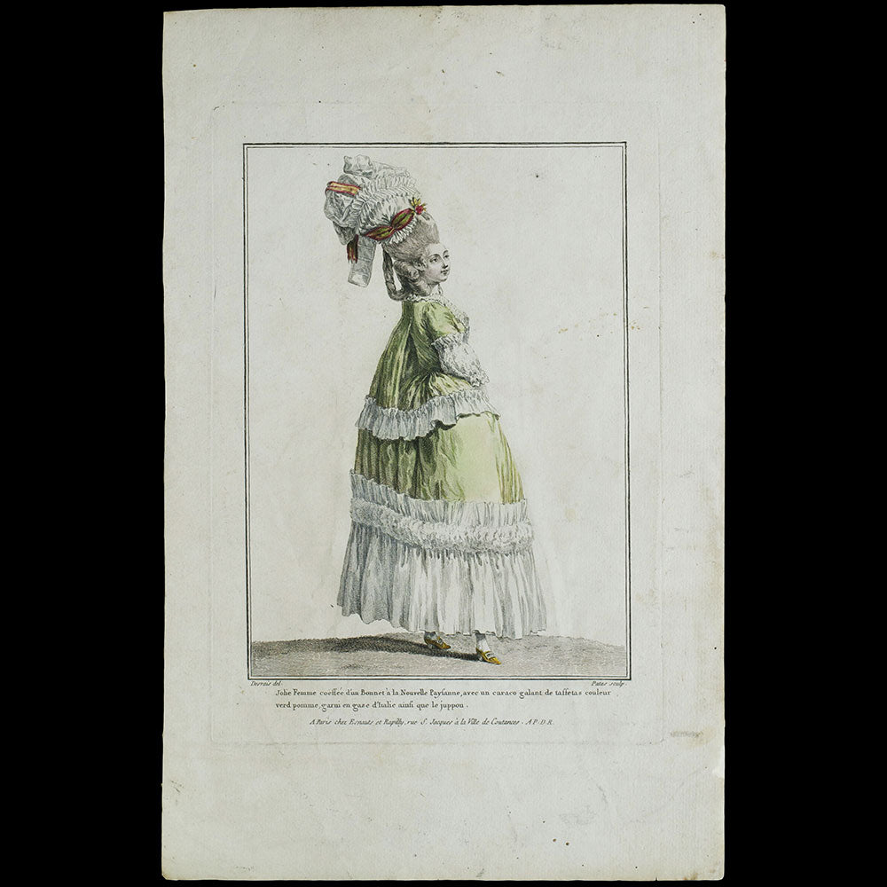 Gallerie des Modes et Costumes Français, 1778-1787, gravure n° Q 96, Jolie Femme coiffée d'un Bonnet à la Nouvelle Paysanne (1778)