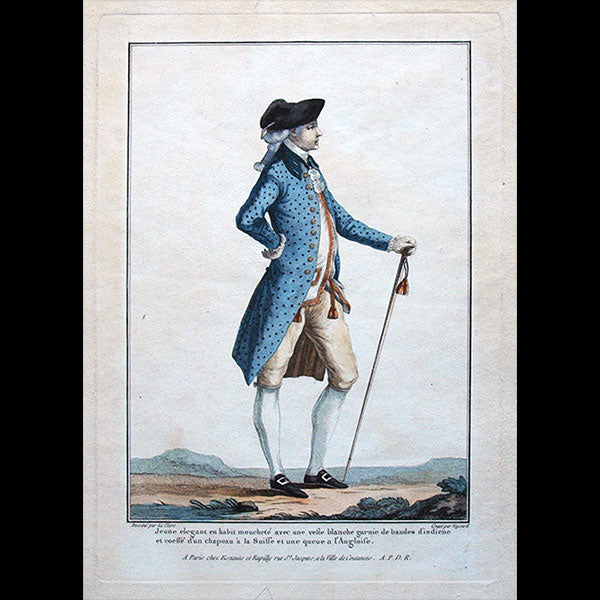 Gallerie des Modes et Costumes Français, 1778-1787, gravure n° J 52, Jeune élégant par Leclerc (1778)