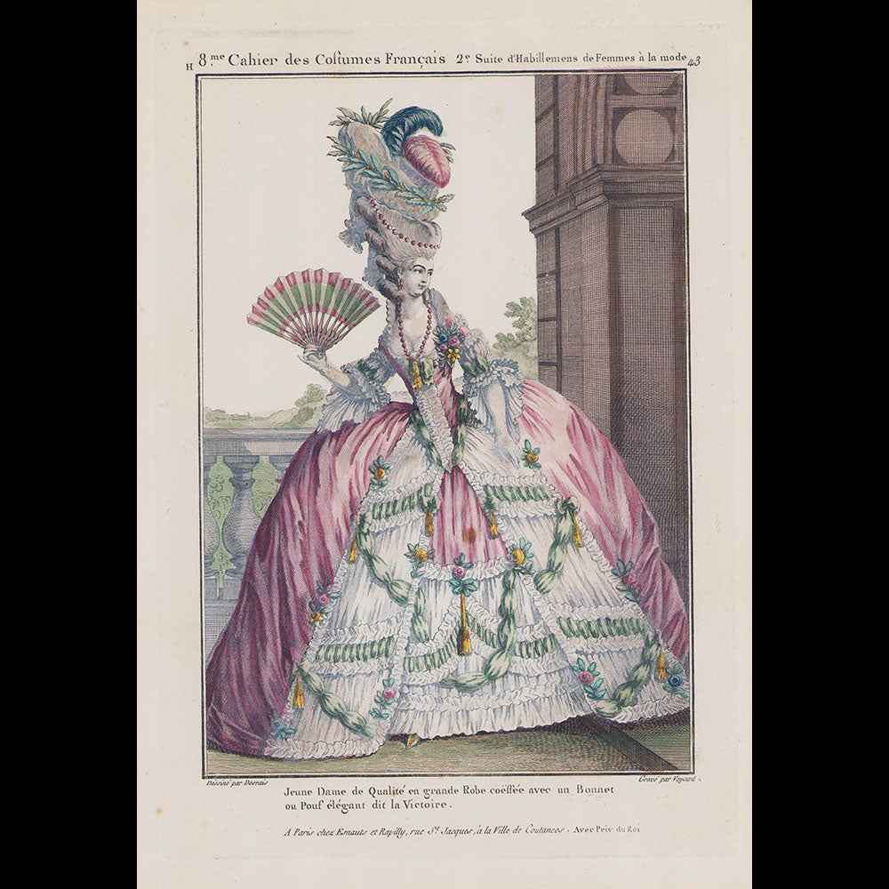 Gallerie des Modes et Costumes Français, gravure n° h43, Jeune Dame de Qualité en Grande Robe (1778)