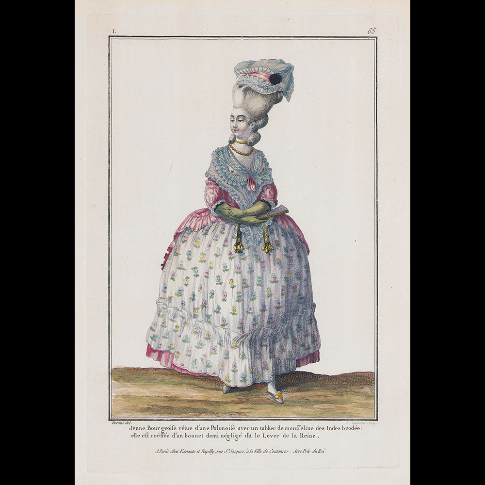 Gallerie des Modes et Costumes Français, gravure n° i65, Jeune Bourgeoise vêtue d'une Polonaise (1778)