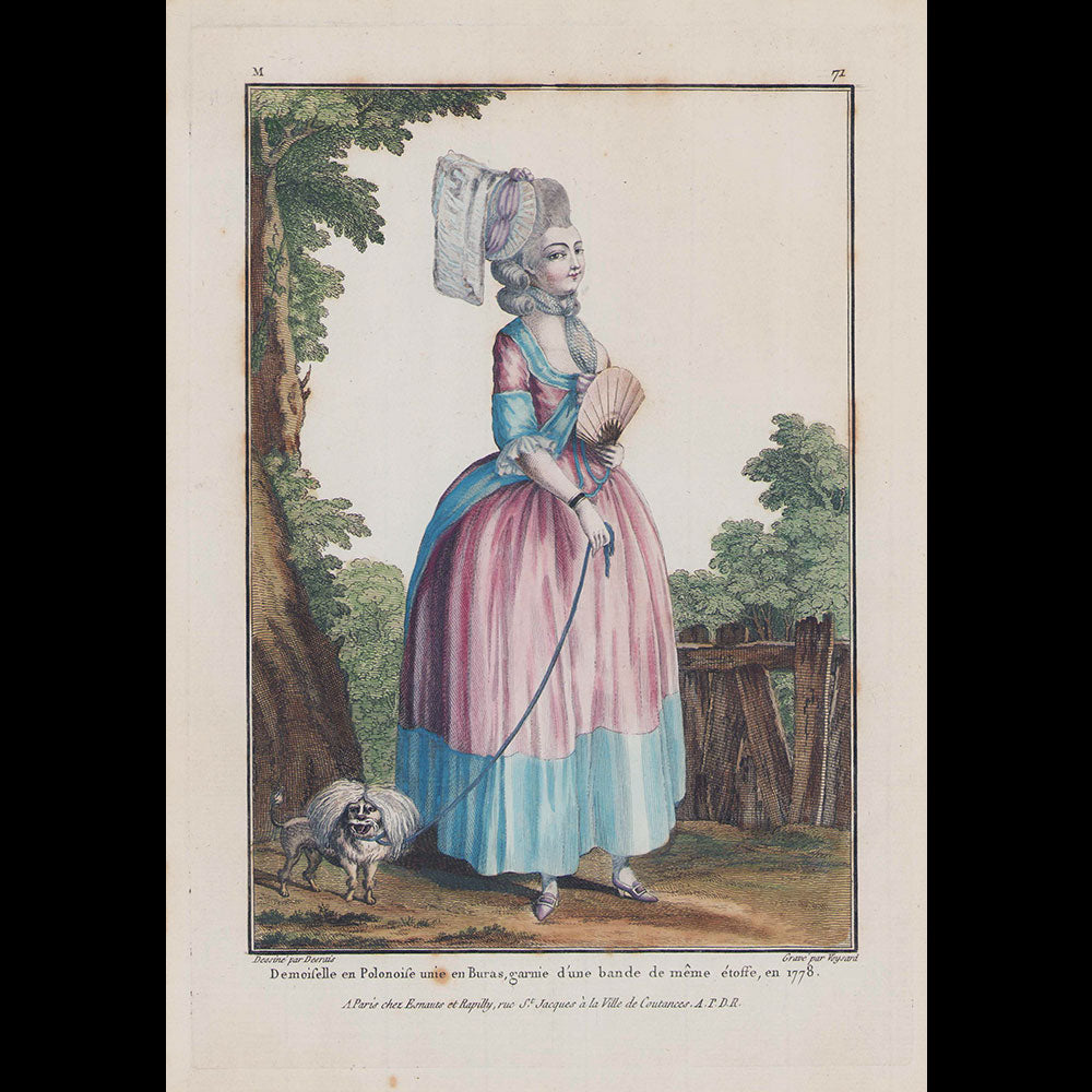 Gallerie des Modes et Costumes Français, 1778-1787, gravure n° M 71, Demoiselle en Polonaise (1778)