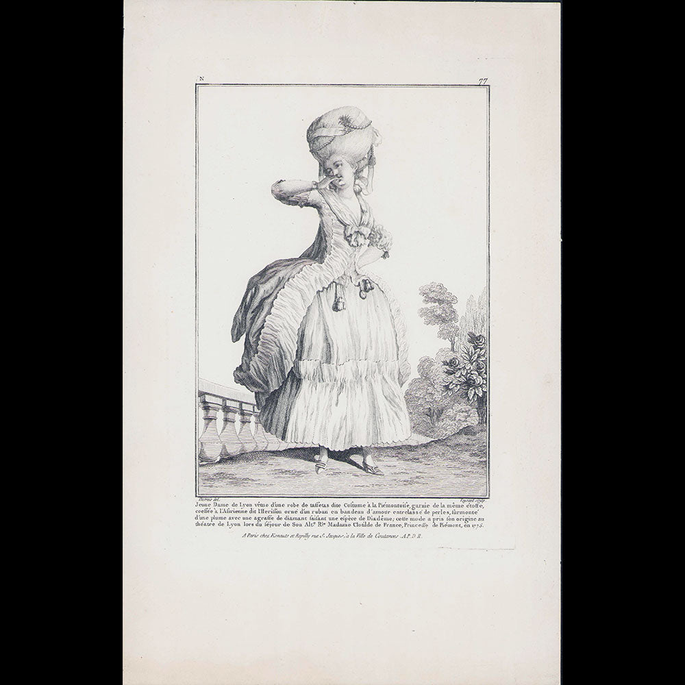 Gallerie des Modes et Costumes Français, 1778-1787, gravure n° N 77, Jeune Dame de Lyon (1778)