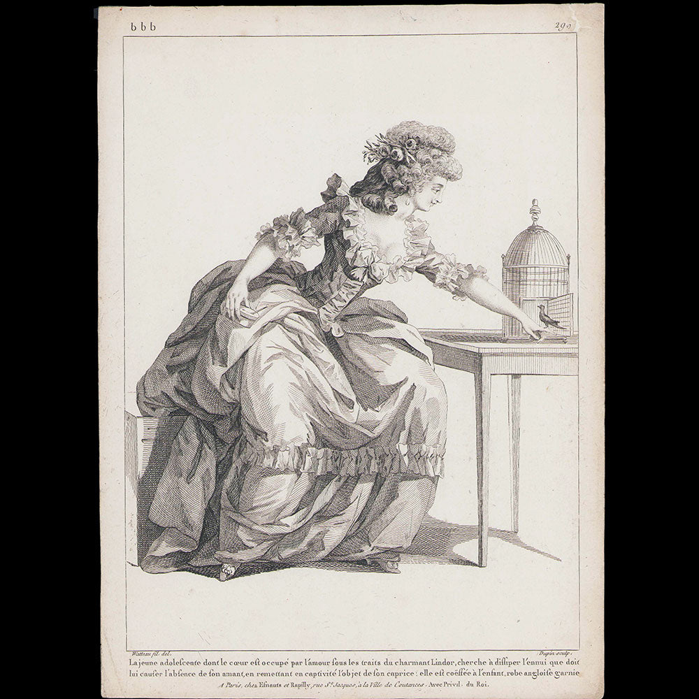 Gallerie des Modes et Costumes Français, 1778-1787 - réunion de 8 gravures par Watteau (1784-1785)