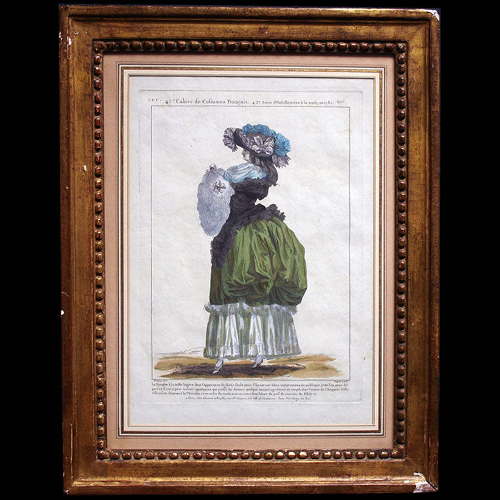 Gallerie des Modes et Costumes Français, 1778-1787, gravure n°ccc 295, La Nymphe à la taille légère (1785)