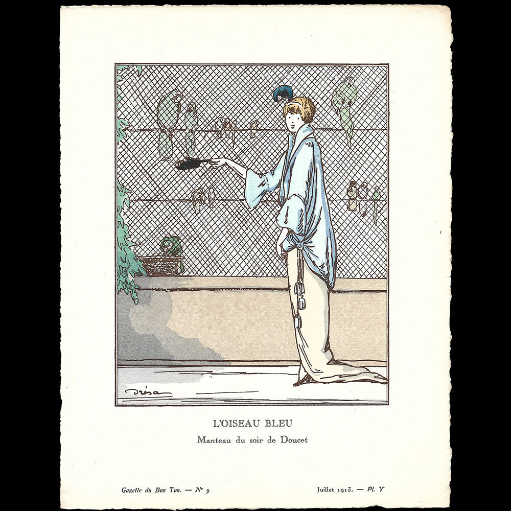 Gazette du Bon Ton - L'Oiseau bleu, manteau de Doucet, planche de Drésa (n°9, 1913)