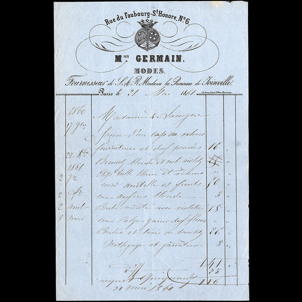 Maison Germain - Facture de la maison de modes, 6 rue du Faubourg Saint-Honoré à Paris (1861)