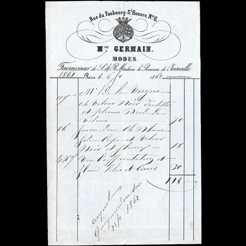 Maison Germain - Facture de la maison de modes, 6 rue du Faubourg Saint-Honoré à Paris (1862)