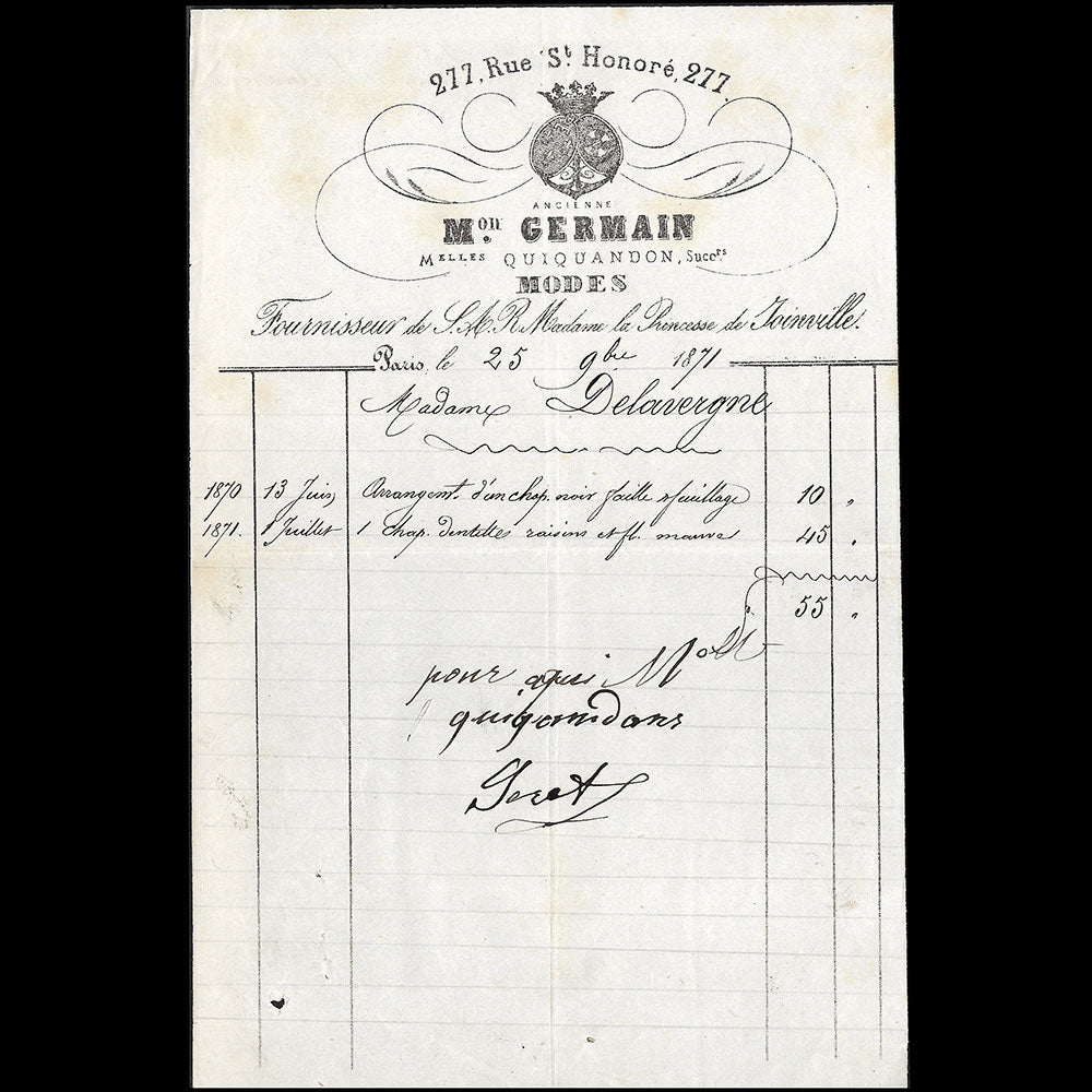 Maison Germain - Facture de la maison de modes, 277 rue du Saint-Honoré à Paris (1871)