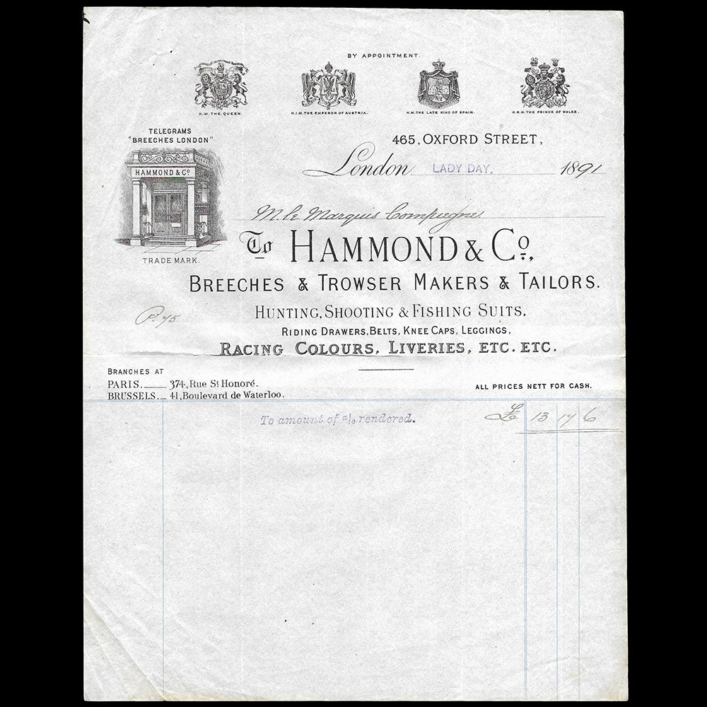 Hammond and co - Facture du tailleur, 465 Oxford Street à Londres (1891)