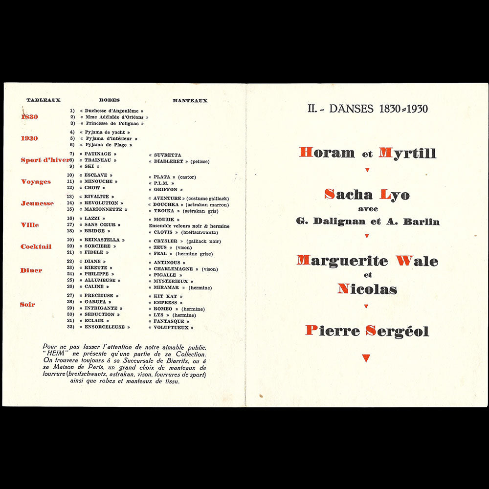 Heim - Programme du défilé de la maison Jacques Heim à Biarritz (1930)