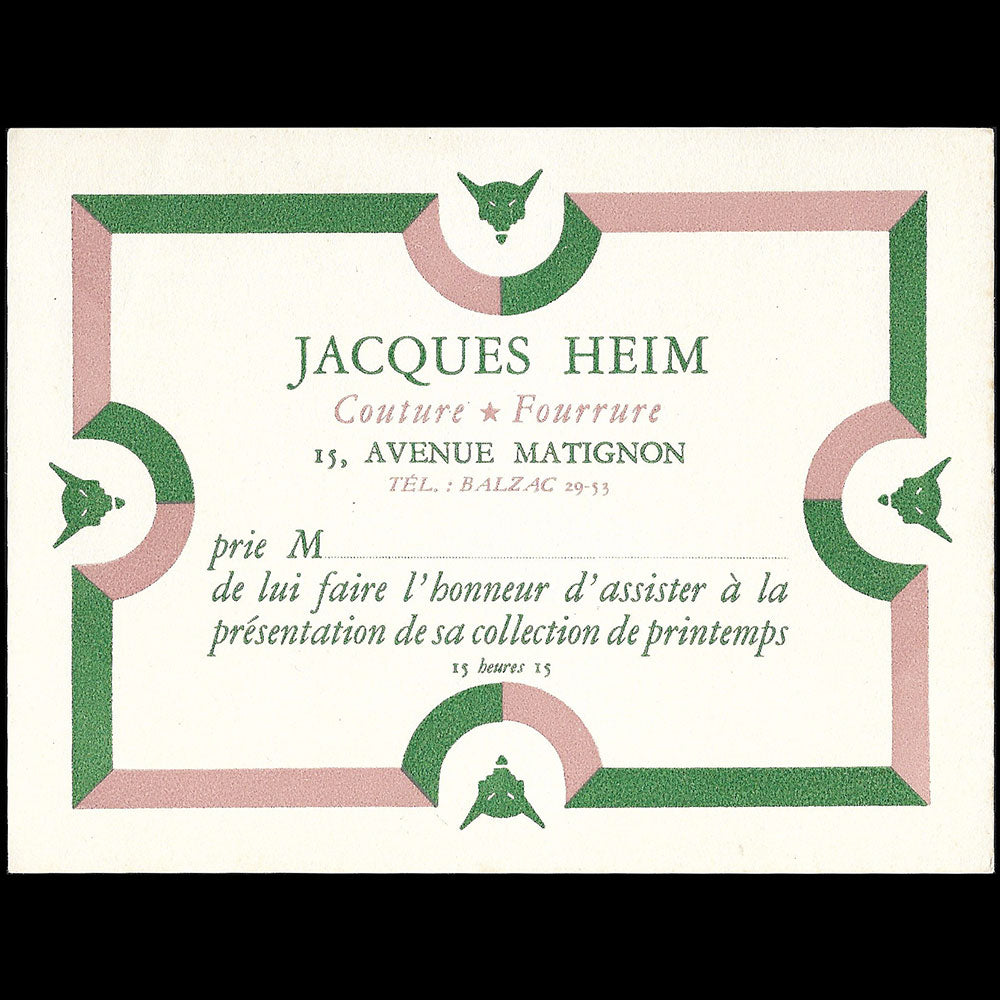 Heim - Carte de la maison Heim, Couture - Fourrure, 15 avenue Matignon à Paris (circa 1940s)