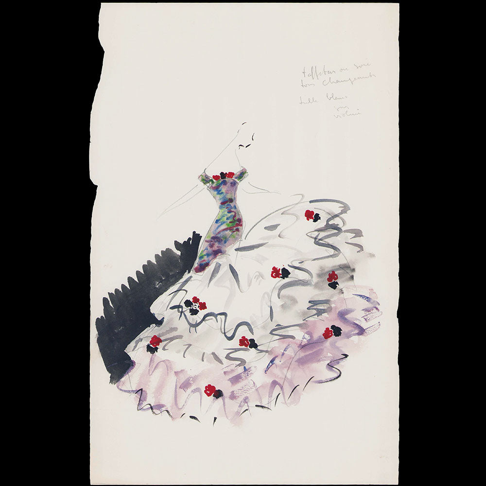 Jacques Heim - Dessin d'une robe du soir en taffetas et tulle, circa 1950-1960