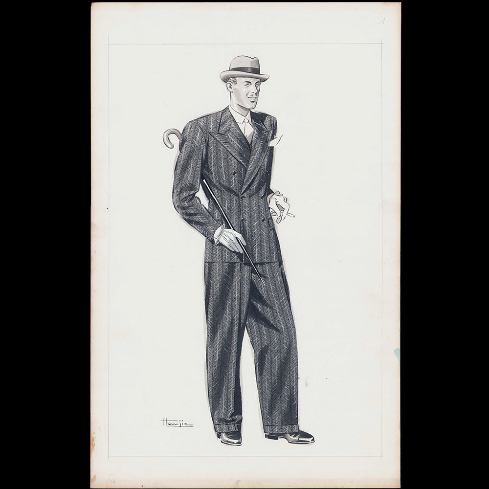 Marcel Hemjic - Elégant en costume croisé, dessin pour L'Homme Moderne, numéro spécial de l'Exposition Internationale des Arts et Techniques dans la Vie Moderne (1937)