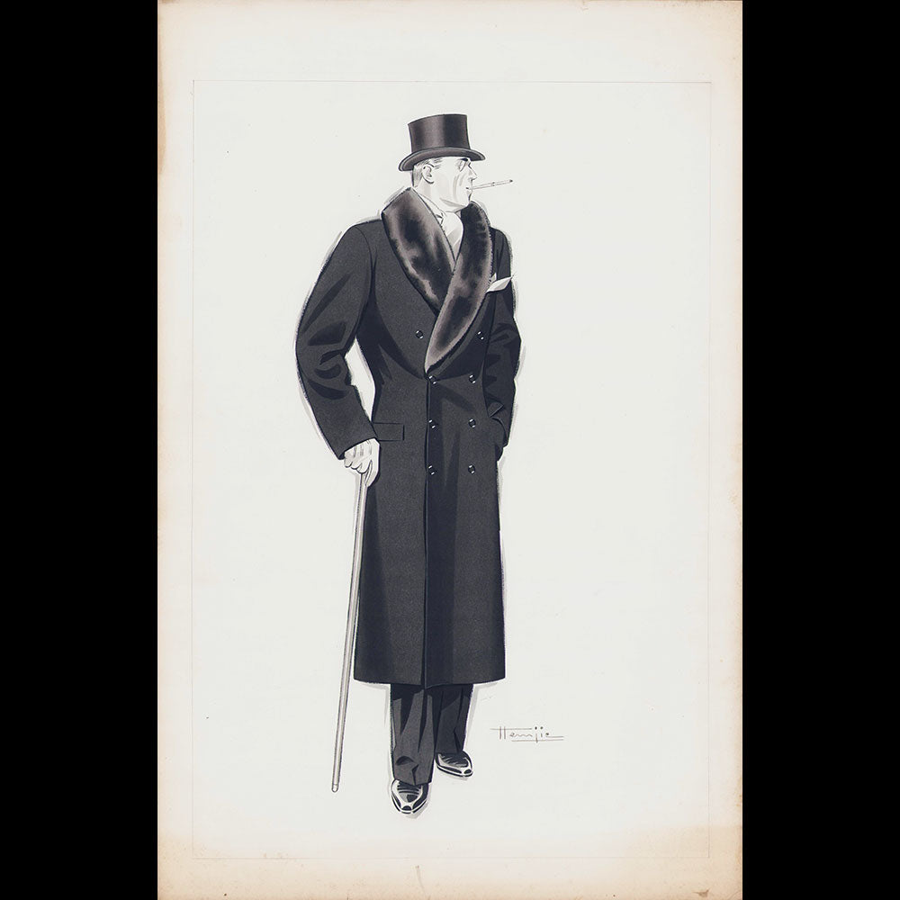 Marcel Hemjic - Elégant en manteau bordé de fourrure, dessin pour L'Homme Moderne, numéro spécial de l'Exposition Internationale des Arts et Techniques dans la Vie Moderne (1937)