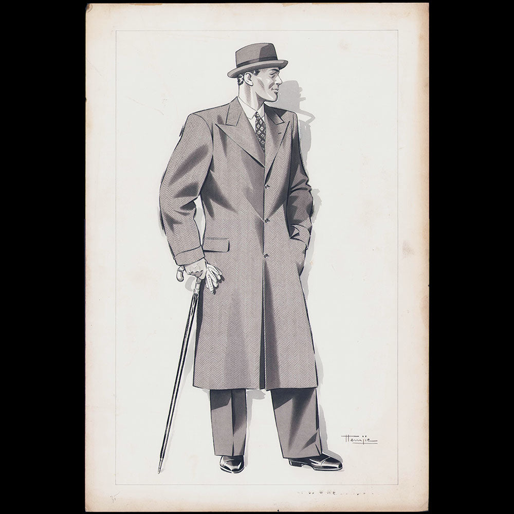 Marcel Hemjic - Elégant en manteau tenant une canne, dessin pour L'Homme Moderne, numéro spécial de l'Exposition Internationale des Arts et Techniques dans la Vie Moderne (1937)