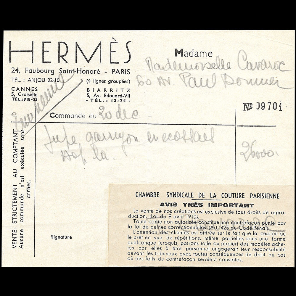 Hermès - Facture de la maison Hermes, circa 1930