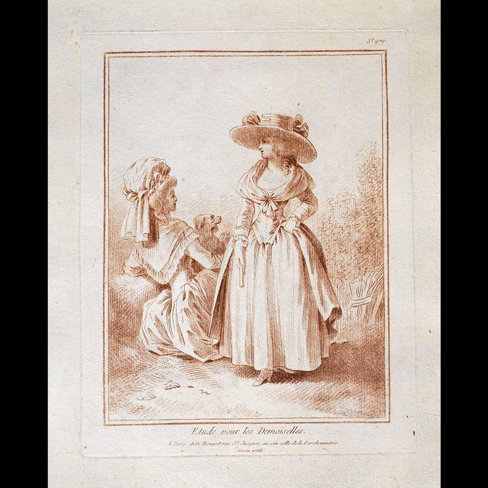 Deux Elégantes au chien, gravure de mode de la suite Etude pour les Demoiselles d'après Jean-Baptiste Huet (1788)