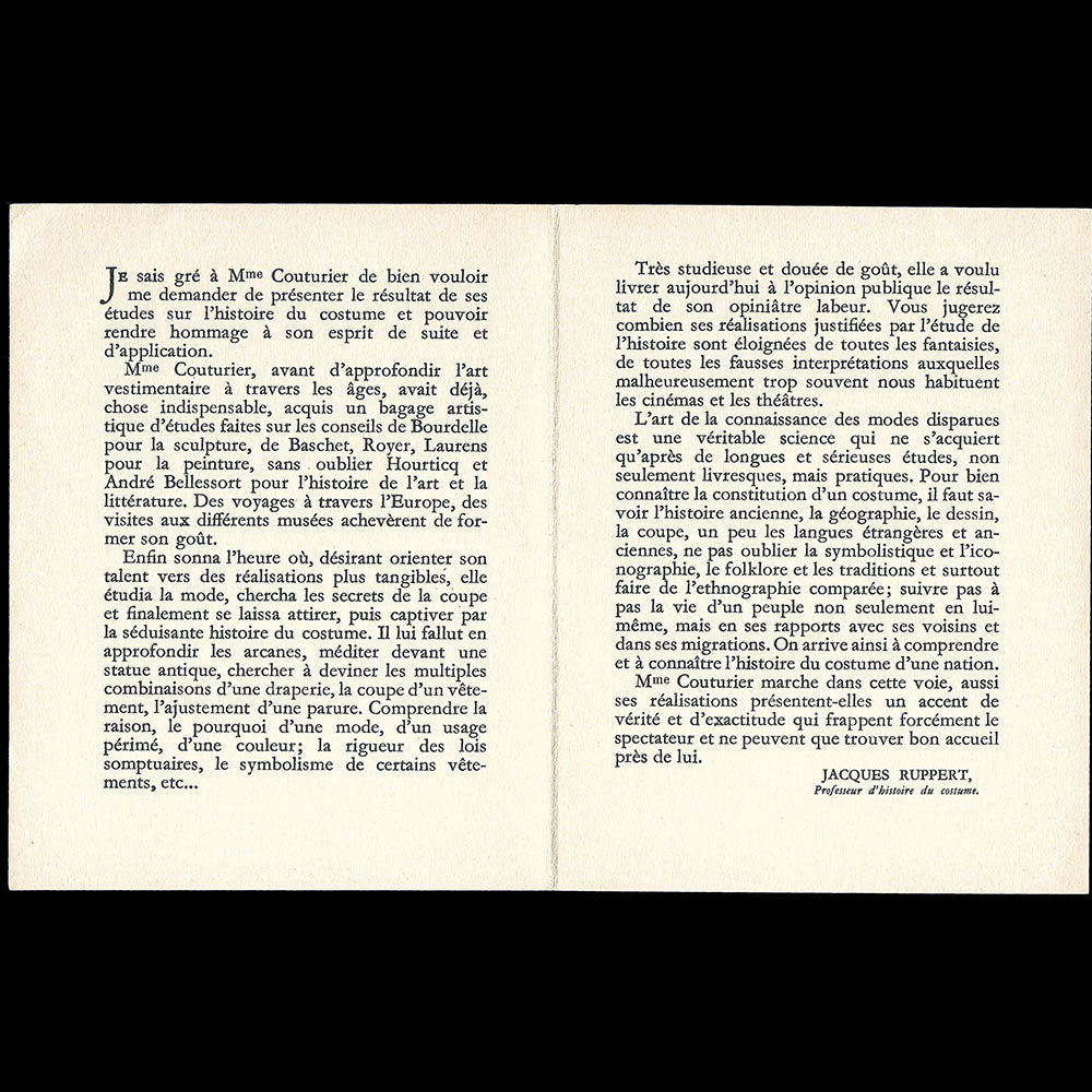 Isabelle Couturier - Invitation à l'exposition Documents sur l'Art du Costume (1939)